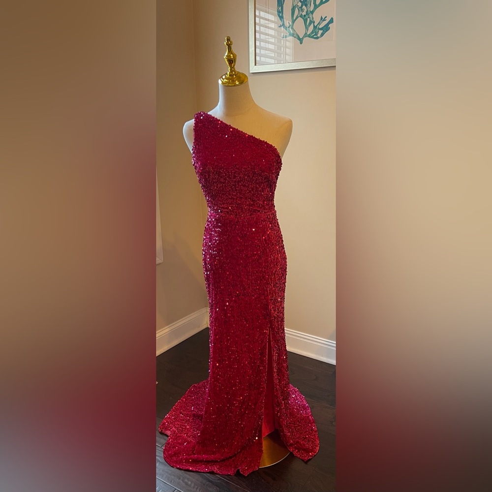 044 Pink sequin velour one shoulder gown